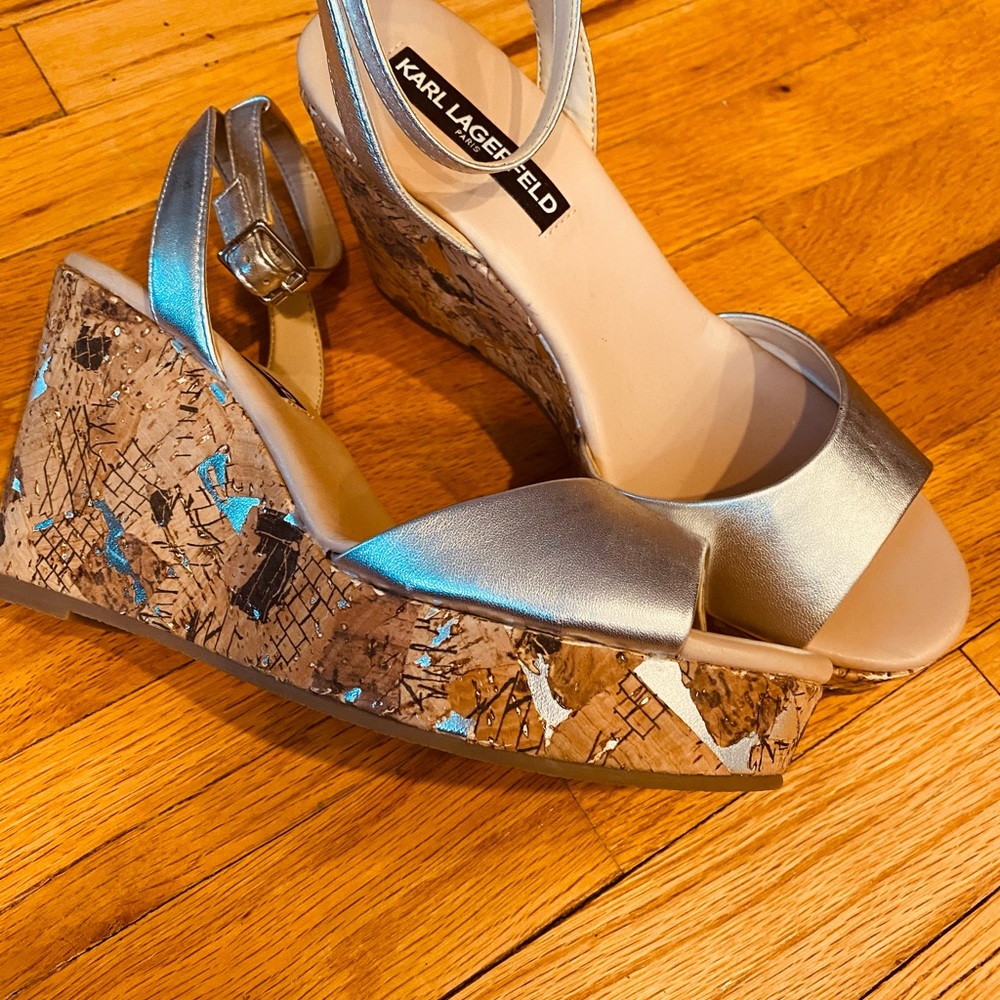 Karl Lagerfeld platform wedges in silver and cork design